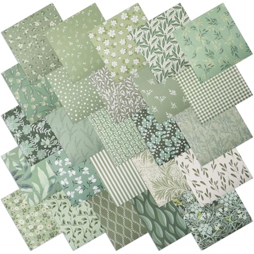 25 Pcs Sage Green Cotton Fabric Squares, 10 x 10 Inch, Precut - color: Green Leaf