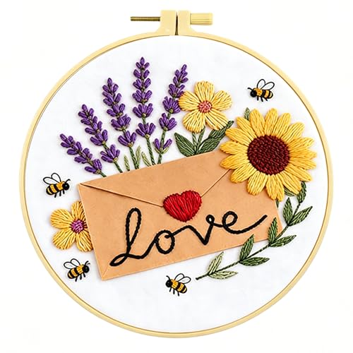 Zhenqing Love Envelope Embroidery Kit for Beginners, Pre-Printed 29x29cm Cotton Fabric with 20cm Hoop, Romantic Design with Sunflowers and Lavender (C0238)