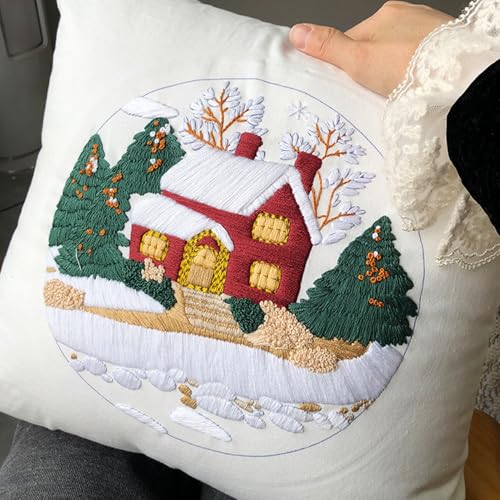 FONNUY Christmas Embroidery Kit for Beginners, Throw Pillow Case Cross Stitch Set Winter Snow House Holly Tree Pattern for Adults, Hand Works Crafts Throw Pillow Cover, 18 x 18'' (White) - color: White