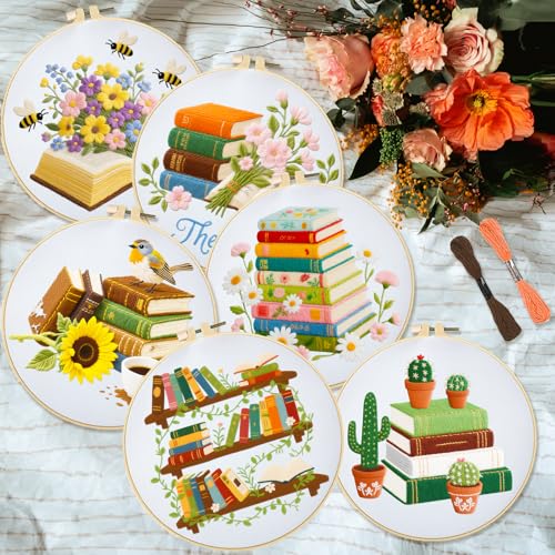 INFUNLY 6 PCS Book and Flower Embroidery Kits for Beginners DIY Cross Stitch Starter Sets for Adults with Instructions Book Cacti Pattern Birds Needlepoint Kits with Embroidery Cloth Hoops Tools