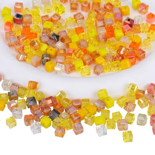 BEEFLYING 200Pcs 6mm Crystal Cube Glass Beads Square Loose Glass Spacer Beads for Jewelry Bracelet Necklace Earring DIY Craft Home Decor（0.24inch Yellow - color: Yellow, size: 6mm