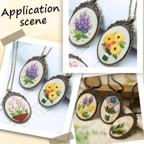 SUNNYCLUE DIY 3 Sets Embroidery Necklace Kits Embroidery Pendant with Paper Instructions Embroidery Cloth Thread Needle Cross Stitch Hoop Flower Mini Cross Stitch Kit for Beginners Starter Adult Craft - style: Flower 3