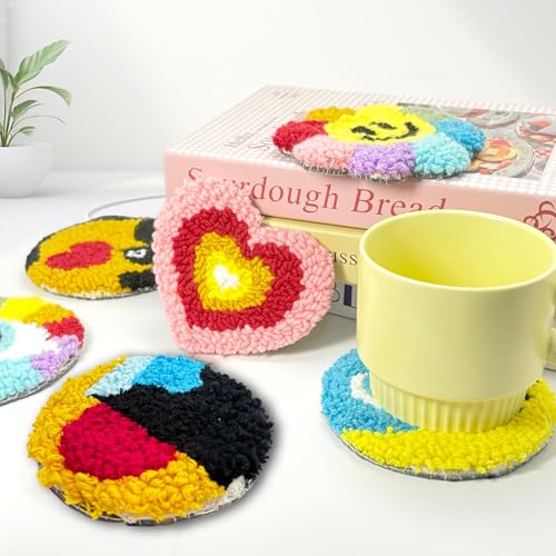 SEREDH Punch Needle Coasters Kit for Beginners Adults Easy Needle Punch Embroidery Kit Set Threader Instruction Fabric Hoop Yarn Tufting Coaster DIY Making,Coaster Holder Coaster Art Craft Supplies - color: Rainbow