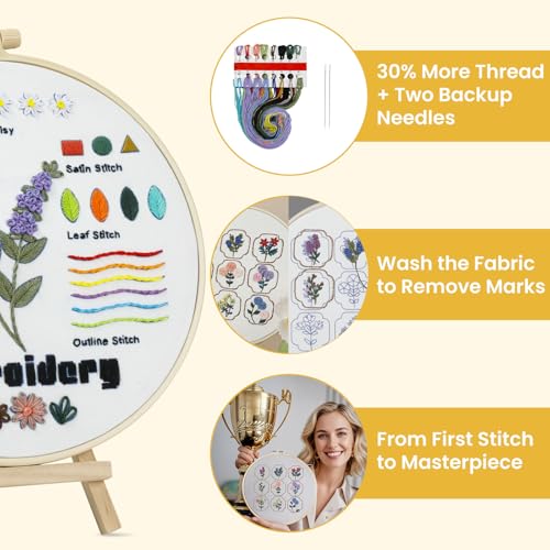 HTVRONT 3 Pack Embroidery Kit for Beginners, 9 Flower Practice Samplers
