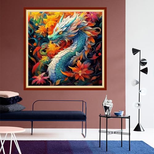 DMCVIVR Stamped Cross Stitch Kits for Beginners Adults Needlepoint Kits for Beginners Embroidery Kits for Adults Crossstitch Kit for Beginners 11CT-Colorful Flower Dragon 18x18 inchs - color: ColorNice14