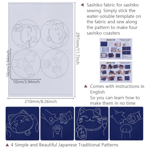 FREEBLOSS 4 Set Lucky Cat Sashiko Coasters Kit with Instructions Sashiko Kit for Beginners Water Soluble Embroidery Patterns Sashiko Practice Project Embroidery Coasters Kit for Housewarming Gift