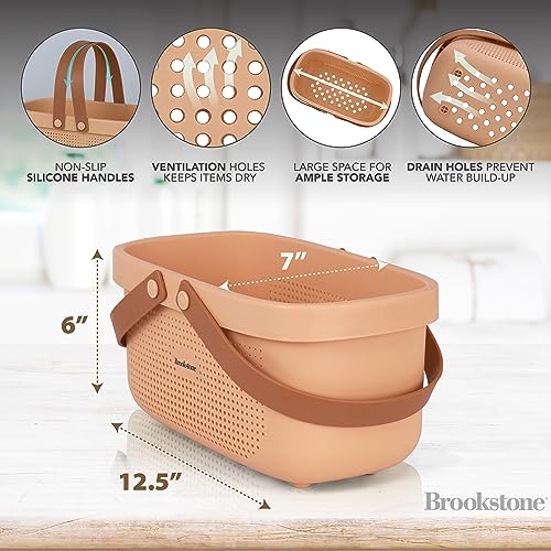 Brookstone Modern Large Portable Shower Caddy with Soft Silicone Carrying Handle, Bathroom Organizer Basket, Plastic Bath Tote and Shower Organizer, Quick Dry Drainage Holes, BPA Free, Blush - color: Blush / Beige