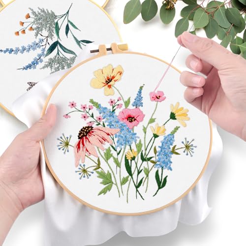 ERKOON Embroidery Kit for Beginners, 5 Sets Flower Cross Stitch Set for Adults Include Embroidery Cloth Hoops Threads for Craft Lover Hand Stitch with Skill Techniques (Flower) - color: Flower