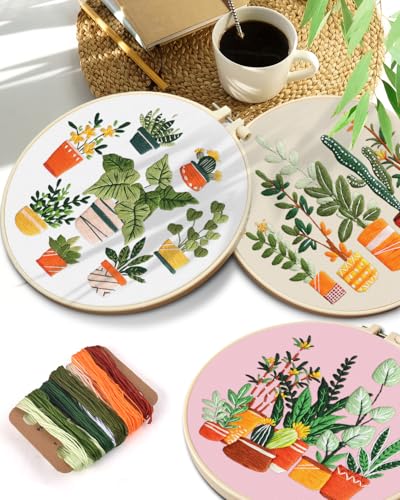 TINDTOP 3 Pack Embroidery Kit for Adult, Embroidery DIY Starter Kit - color: Plants C