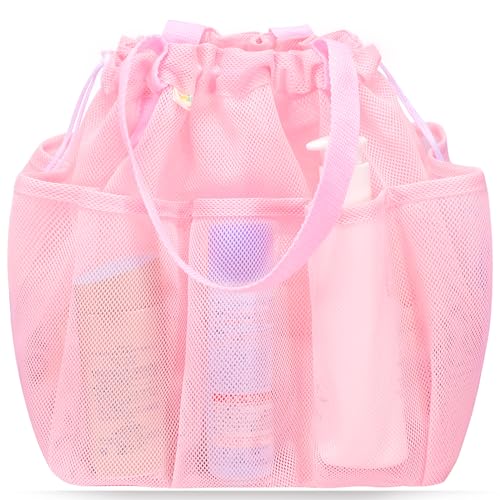 famichan Mesh Shower Caddy Portable with Drawstring, Dorm Room Essentials for College Students Girls, Large Shower Bag for Camping,Swimming,Gym,Travel,Bathroom - Pink - color: PINK