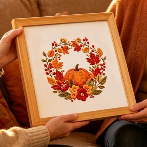 FONNUY Fall Embroidery Kit, Handmade Autumn Wreath Pre-Stamped Pattern for Beginners, Thanksgiving Harvest Home Decor, 8'' Hoop (Pumpkin) - color: Pumpkin