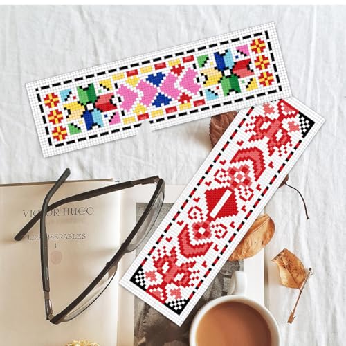 BEUNITONE Cross Stitch Bookmark Kits 6 Pcs Traditional Decorative Patterns Counted Cross Stitch Kit Hand Stamped Embroidery Kit for Beginners Floral Fabric Bookmark Making Kit DIY 8''x2.4'' - style: Pattern 2