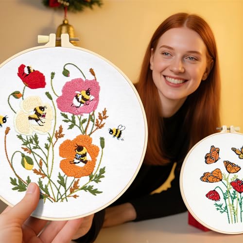 Flowers Embroidery Kits for Beginners Adults, Butterfly Hand Embroidery Starter Kits, Bee Cross Stitch Kits for Beginner Needlepoint DIY Kits for Adult, 2 Set Embroidery Hoops, Thread & Video Tutorial - color: Butterflies Flowers