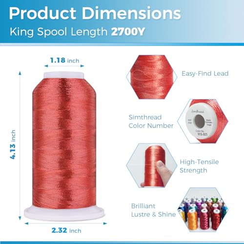 Simthread 2700 Yards Metallic Embroidery Machine Thread - Christmas Red MS-005, 40wt High-Sheen King Spool, Smooth Running & Break Resistant for Commercial & Home Embroidery Machines - color: Christmas Red MS-005