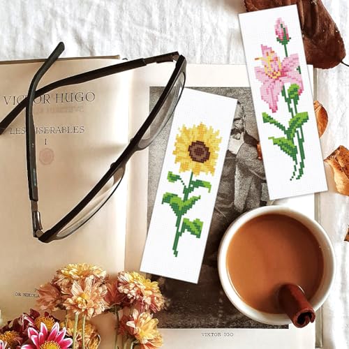 BEUNITONE 6 Pcs Flower Bookmark Cross Stitch Kits DIY Stamped Embroidery Bookmark Kit for Adults Beginner with Instructions Vivid Floral Cross Stitch Kits for DIY Crafts Book Lovers Gifts 2.4x8 in - style: Single Flower