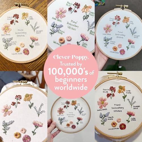 Clever Poppy Floral Stitch Sampler Beginner Embroidery Kit – Easy Embroidery Kit for Beginners with Hoop, Thread & Patterns – Hand Embroidery Kit for Adults and Teens – Complete Embroidery Starter Kit