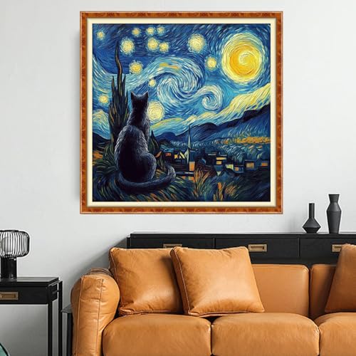 Funchey Counted Cross Stitch Kits for Adults Needlepoint Kits Unprinted Cross Stitching Embroidery Kit 11CT Cross Stitch Supplies-Van Gogh Starry Cat 18x18 inch - color: Artcolor10