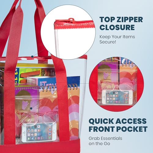 Handy Laundry Clear Tote Bag - Zipper Closure, Long Shoulder Strap, Fabric Trimming. - color: Red