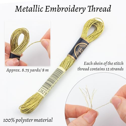 6 Skeins Embroidery Thread, Metallic Light Gold Embroidery Floss Friendship Bracelet String, Polyester Cross-Stitch Threads for Hand Embroidery, String Art - color: light gold