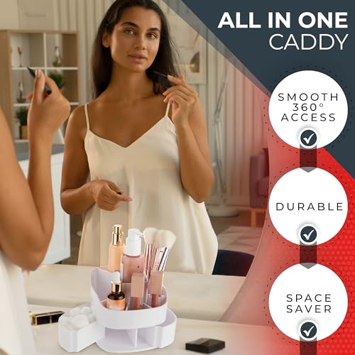 Masirs Small 360 Rotating Makeup Organizer, 5 Compartments, Square White - color: Square White