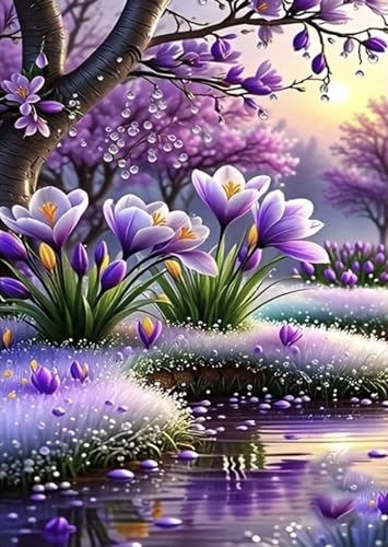 WCHUIMM Purple Flower Diamond Painting kit for Adults Spring Paint with Diamond Art Landscape, Round Full Drill Crystal Rhinestone Crafts Gem Arts for Home Wall Decor 12x16Inch - color: Purple Flower
