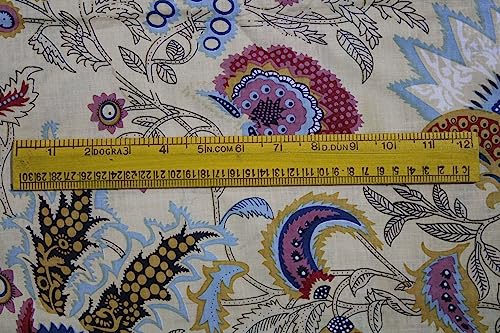 Indian Hand-Block Printed Jaipuri Flower Print Floral Ethnic Sanganer Kurti Print Cotton Fabric (Beige Mukut, 5 Yard) - color: Beige Mukut, size: 5 yard