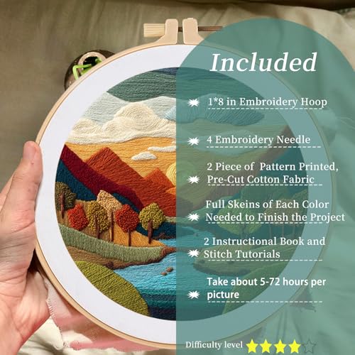 FONNUY Embroidery Kit for Beginners, Brightly Colored Landscape Lake Pre-Stamped Pattern Kits for Adults with Hoop, Easy to Follow Color Thread Needlework, 8'' Hoop (SkyBlue) - color: SkyBlue