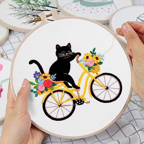 Louise Maelys Cat Bicycle Embroidery Kit for Beginners Floral DIY Craft - color: kit-20