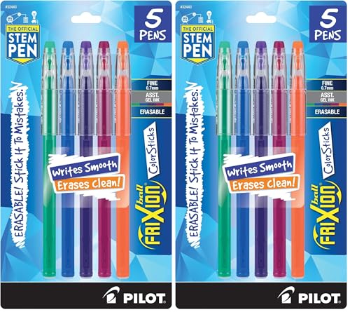 PILOT, FriXion ColorSticks Erasable Gel Ink Pens, Fine Point 0.7 mm, Pack of 10, Kelly Green, Blue, Purple, Magenta & Salmon Pink - size: 1 Count (Pack of 2)