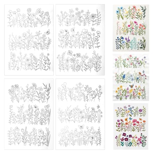 4 Sheets Embroidery Flower Patterns, Stick and Stitch Embroidery Patterns for Hand Sewing, Water Soluble Pre-Printed Flower Embroiderys Transfer for Crafts