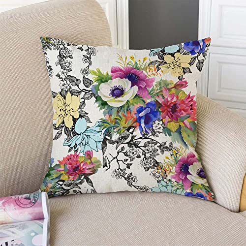 TSSOHU Throw Pillow Cover Vivid Colorful Garden Print Blossoming Wildflowers Birds Leaves Branches Decorative Throw Pillow Case Square 18" x 18" Home Couch Bed Pillowcase - color: Tss54