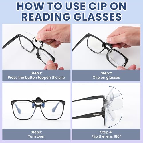 2 Pack Blue Light Blocking Clip-On and Flip-Up Reading Glasses with Magnifying Lenses Readers for Unisex Use