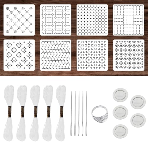24 Pc Sashiko Stencil Kit with Thread Needles Thimble Embroidery Template