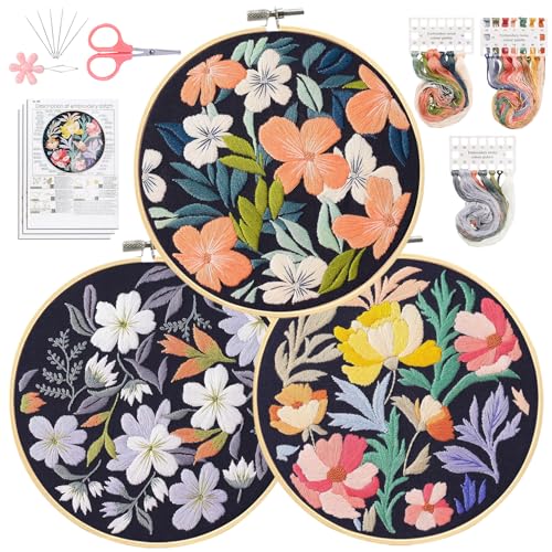 Santune 3 Pack Embroidery Kit for Beginners, Needlepoint Cross Stitch Kits for Adults,Needle Point Sets with Stamped Petal Pattern Stitch Video Tutorial - color: Petal Patterns