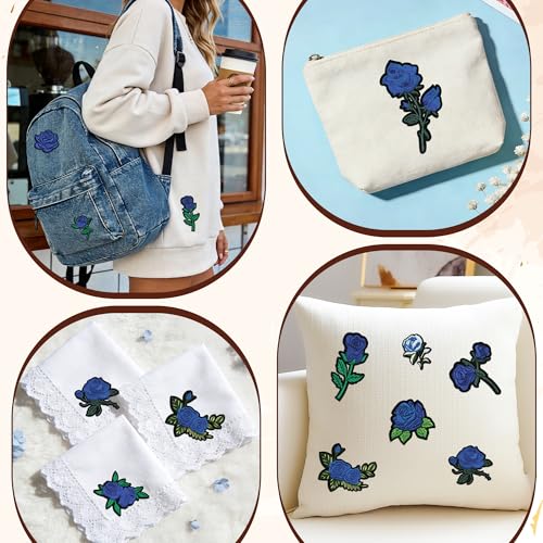 25PCS Blue Rose Iron on Patches, Embroidered Floral Applique Patches for Jackets, Jeans, Hats, Backpacks and Tote Bags - color: blue