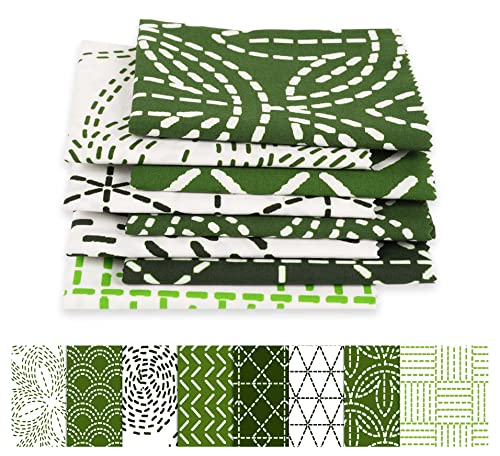 Soimoi 8 Pc Fat Quarter Bundle Japanese Sashiko Print 18"x 22" DIY Patchwork- 100% Cotton Pre-Cut Quilting Fabric White & Green