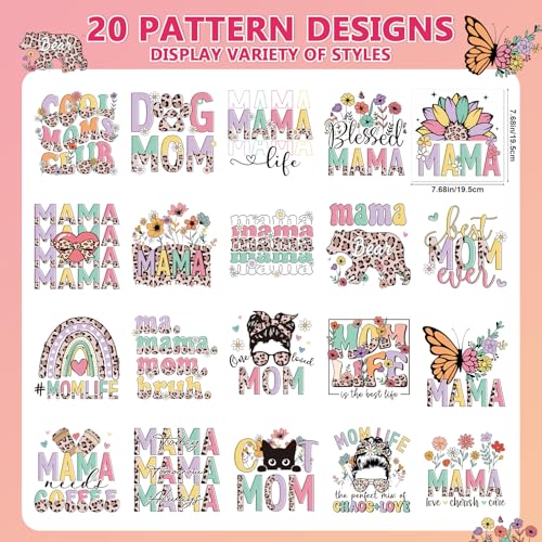 Mama Iron on Transfers for Tshirts - 20Pcs Dtf Transfers Ready to Press, Mother's Day Iron on Decals Patches Stickers, Mama Bear Heat Transfer for DIY Hoodies Clothes Bags Hats Pillows - color: Mama 339