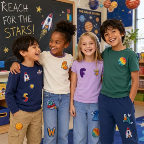 Cinrobiye 41 Pcs Outer Space Patches Self Adhesive Cute Astronaut A to Z Alphabet Applique Galaxy Spaceship Rocket Chenille Letter Patches Stick on for Clothing Hats Bags Fabric DIY Crafts - style: Astronaut