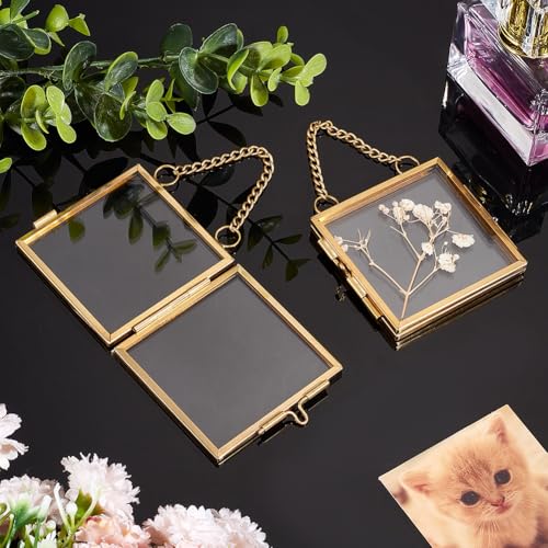 OLYCRAFT 6Pcs 2.1x2.1 Inch Gold Mini Glass Hanging Frame with Chain - size: 2.1x2.1 Inch