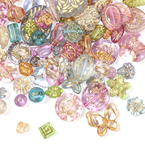 50-70 Pcs Cute Assorted Kawaii Aesthetic Beads Assorted Bohemia Acrylic Beads Heart Butterfly Flower Round Oval Czech Bead Bulk Metal Enlaced Transparent Aesthetic Bead for Jewelry Making DIY Craft