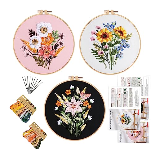 GLTAYLMY Embroidery Kit for Beginners Adults,3 Pack Cross Stitch Kits with 1 Plastic Embroidery Hoops,Needles and Color Threads,Needlepoint Kit for Hand Embroidery Starter - color: New Flower