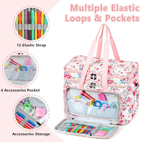 Crochet Organizer Bag with Yarn Holder, Large Yarn Storage for Accessories - color: Pink