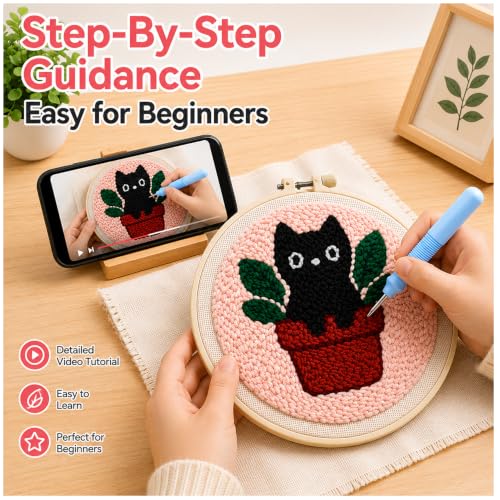 Punch Needle Kit for Beginners Adults Plant Cat, with Embroidery Hoop - color: Punch Needle kit-Plant Cat