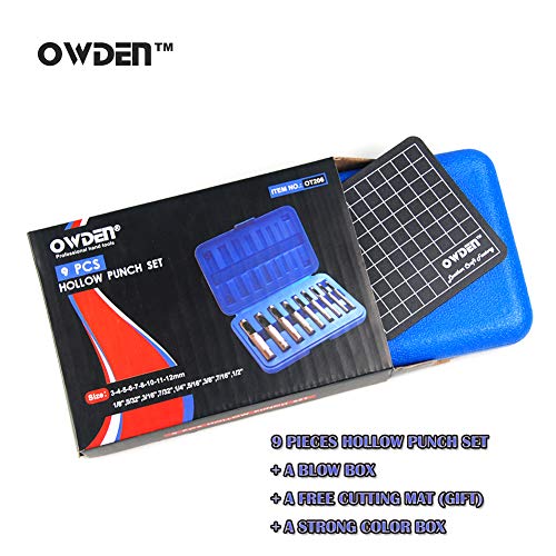 OWDEN 9 Pieces Leather Hollow Punch Set (1/8"-1/2") with a Cutting mat. - size: 9 Pieces