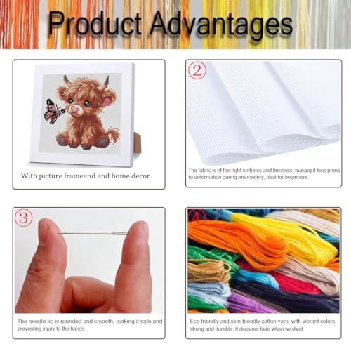 Cattle Stamped Cross Stitch Kits for Adult Beginner with Wooden Frame - color: Highland Cattle