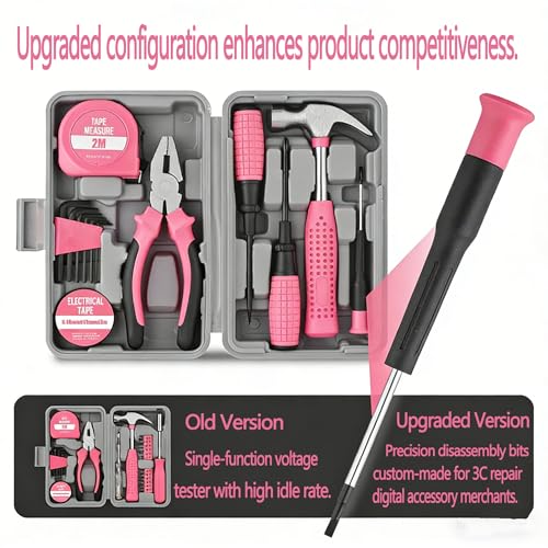 NIVOLT 13Pcs Pink Tool Set for Women, Household Hand Tool Kit with Hard Storage Case for Home Repair, Apartment, Dorm, DIY Projects, Gift for New Homeowners