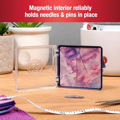SINGER Magnetic Needle & Pin Compact with Hand Needles: Needle Holder with Sewing Magnifier – Sewing Needle Case for Secure Needle Storage