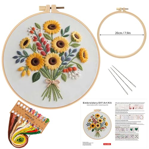 Sunflower Embroidery Kit for Beginners - All in One DIY Cross Stitch Starter with Hoop, Pre-Printed Fabric, Embroidery Threads, Needles,Perfect Craft Gift for & Home Decor