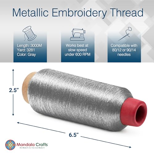 Mandala Crafts Metallic Gray Embroidery Floss for Sewing, 3281 Yard Spool - color: Gray, size: 3000M 3281 Yard