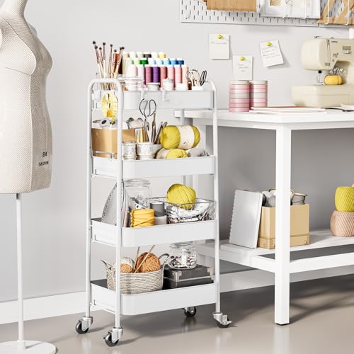 TOOLF 4 Tier Metal Rolling Cart, Utility Storage Cart with Wheels, White - color: White, size: 4-Tier